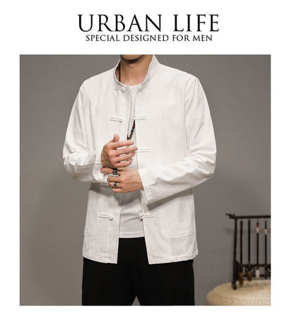 Men’s Chinese Style Cotton Linen Tang Shirt Long Sleeve Casual Retro