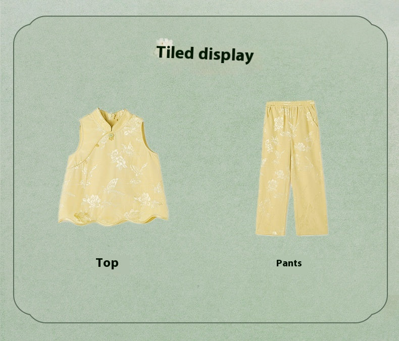 National Style Hanfu-Inspired Summer Set — Top & Pants for Children