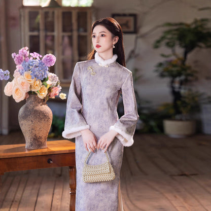 New Chinese Style Purple Qipao | Thickened Warm Retro Winter Dress