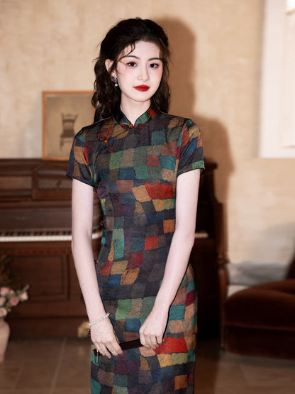 High-End Summer Cheongsam – Plaid Short Sleeve Elegant Dress