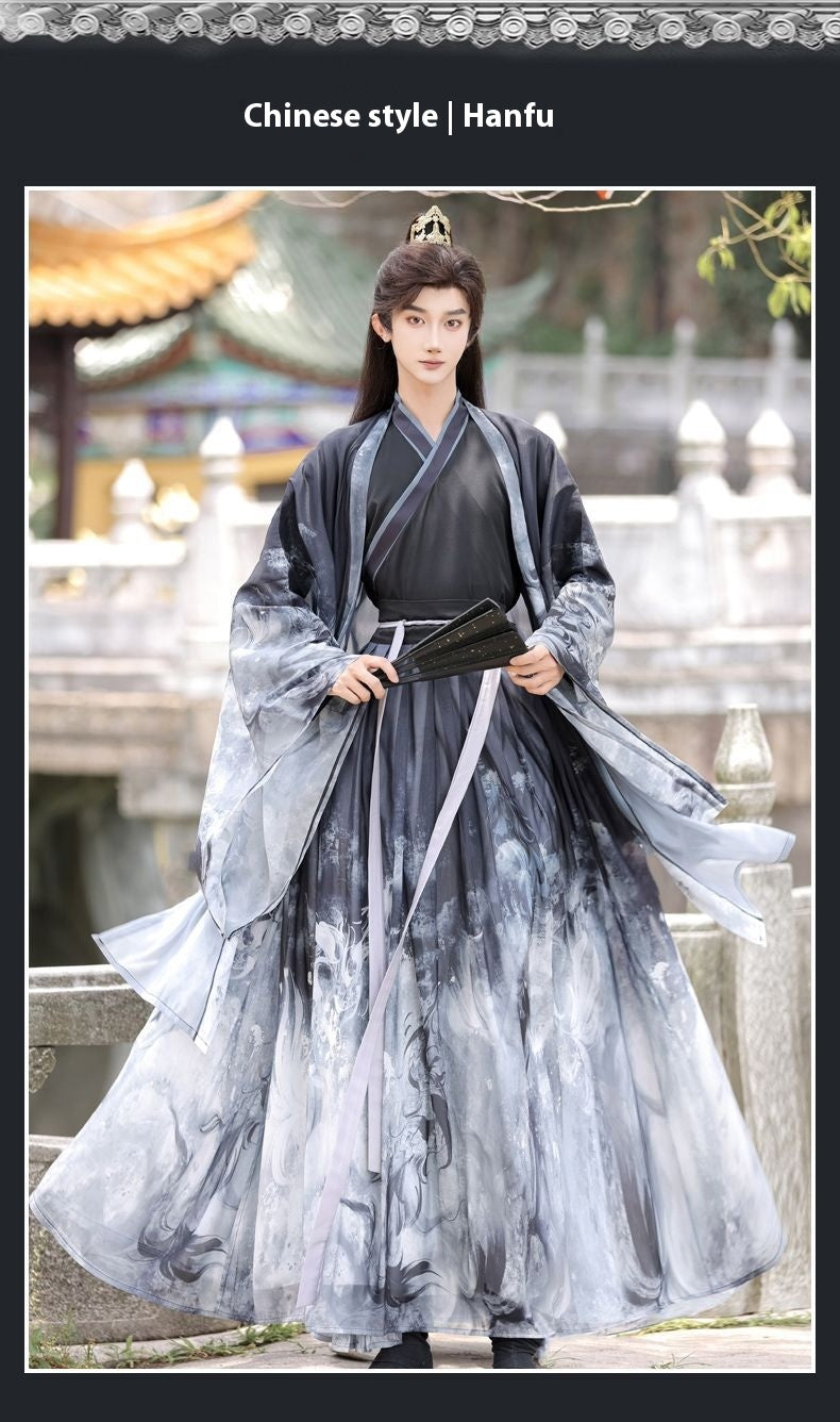 Oriental Ancient Drama Hanfu Costume Mens White Ink Print Daily Wear