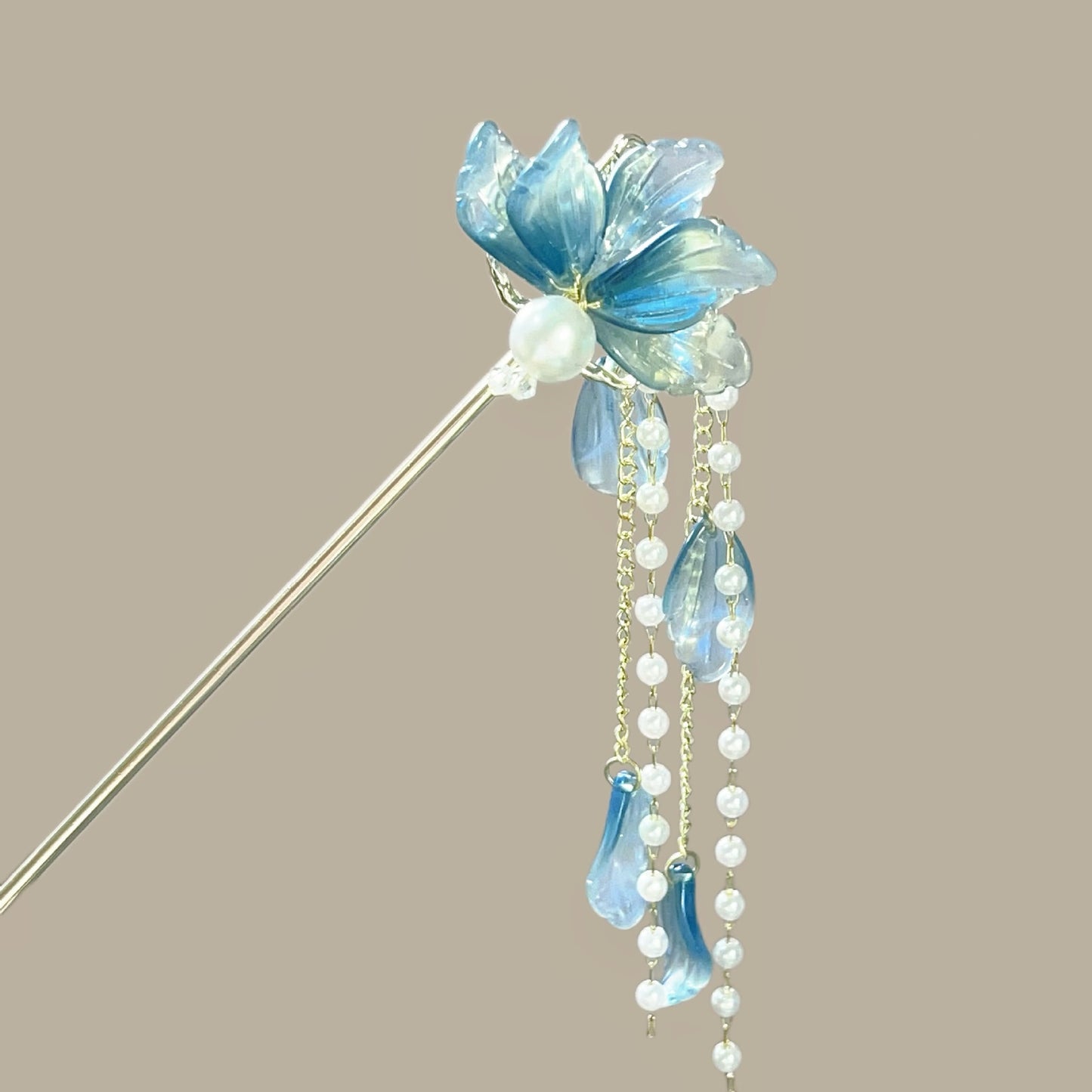 Ancient Style Blue Flower Hairpin High End Chinese Style Pearl Tassel Hairpin