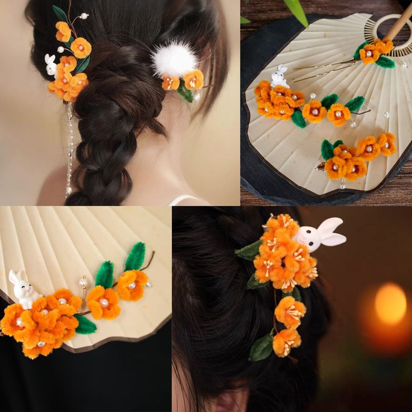 Osmanthus bunny imitation velvet flower hairpin side clip