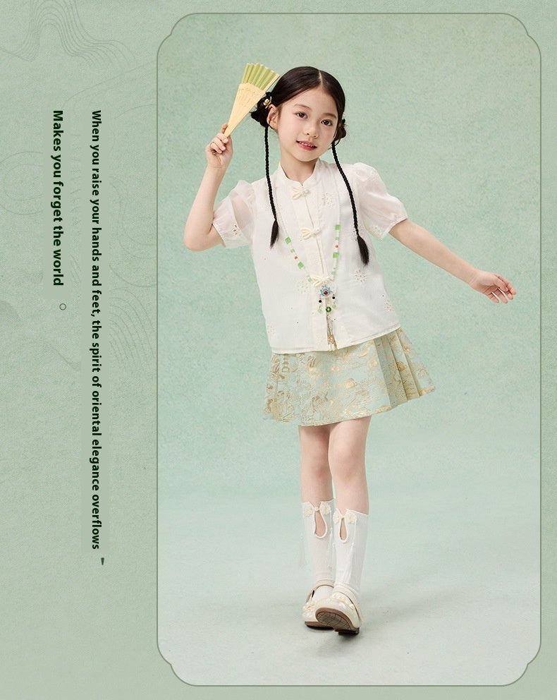 Girls Summer Hanfu Set — Short Sleeve Shirt & Mamian Skirt Two-Piece