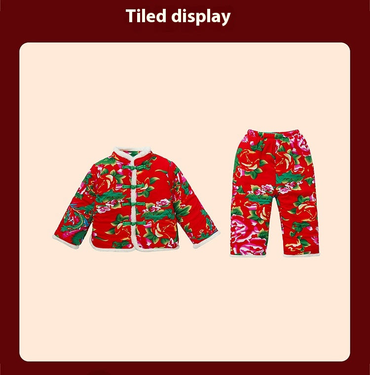 Winter Girls Floral Jacket & Pants Thickened Two-Piece Set