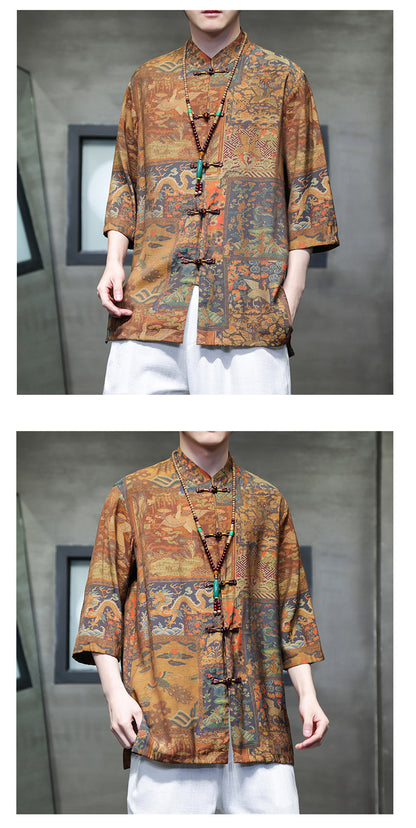 Mens Summer Chinese Tang Shirt Three Quarter Sleeve Fashion Trendy