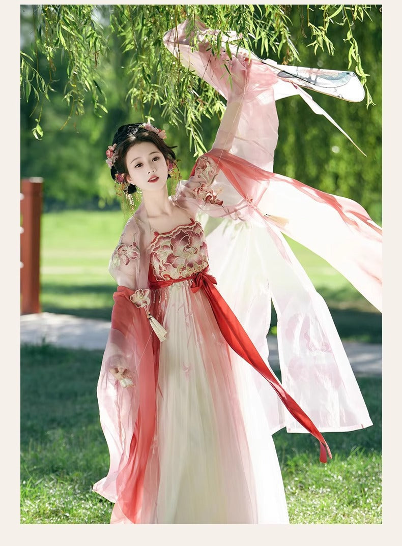 Fairy Hanfu Costume — Hibiscus Embroidered Shirt & Flowing Skirt Outfit