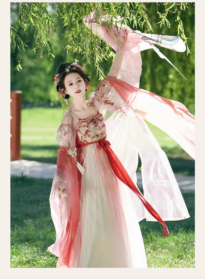 Fairy Hanfu Costume — Hibiscus Embroidered Shirt & Flowing Skirt Outfit