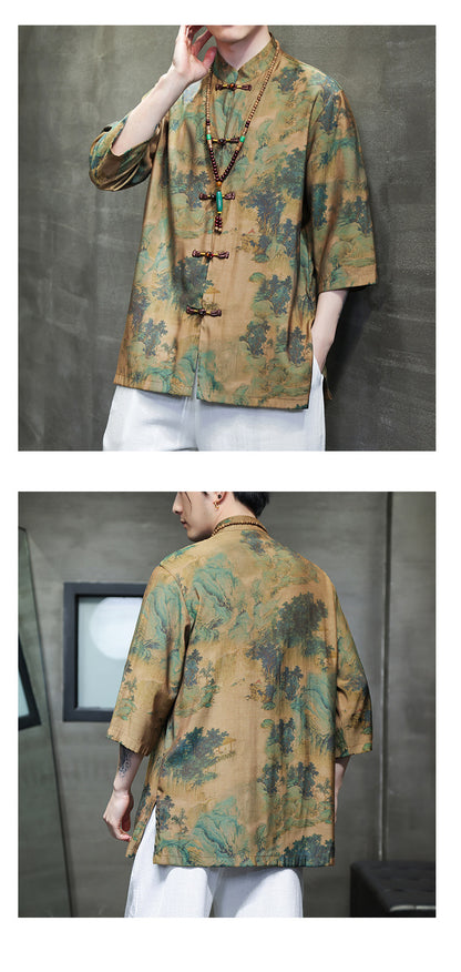 Mens Summer Chinese Tang Shirt Three Quarter Sleeve Fashion Trendy