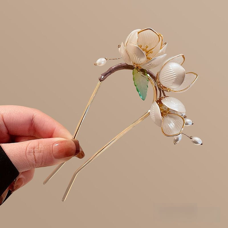 U Hairpin Glass White Magnolia Chinese Style Forest Fairy Cheongsam Accessory