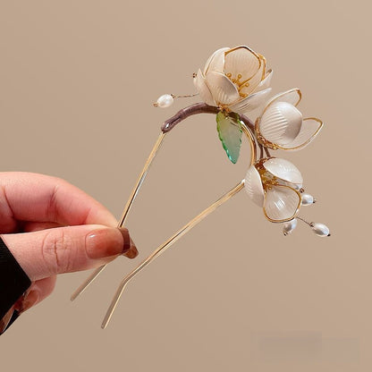 U Hairpin Glass White Magnolia Chinese Style Forest Fairy Cheongsam Accessory