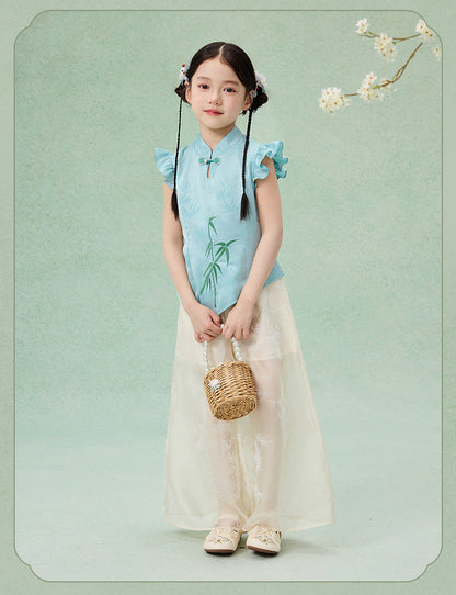 Children’s Chinese Summer Set — Shirt Top & Loose Wide-Leg Pants