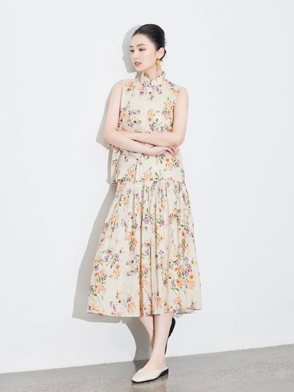 High-End Linen Sleeveless Button Top & Slimming Skirt for Women