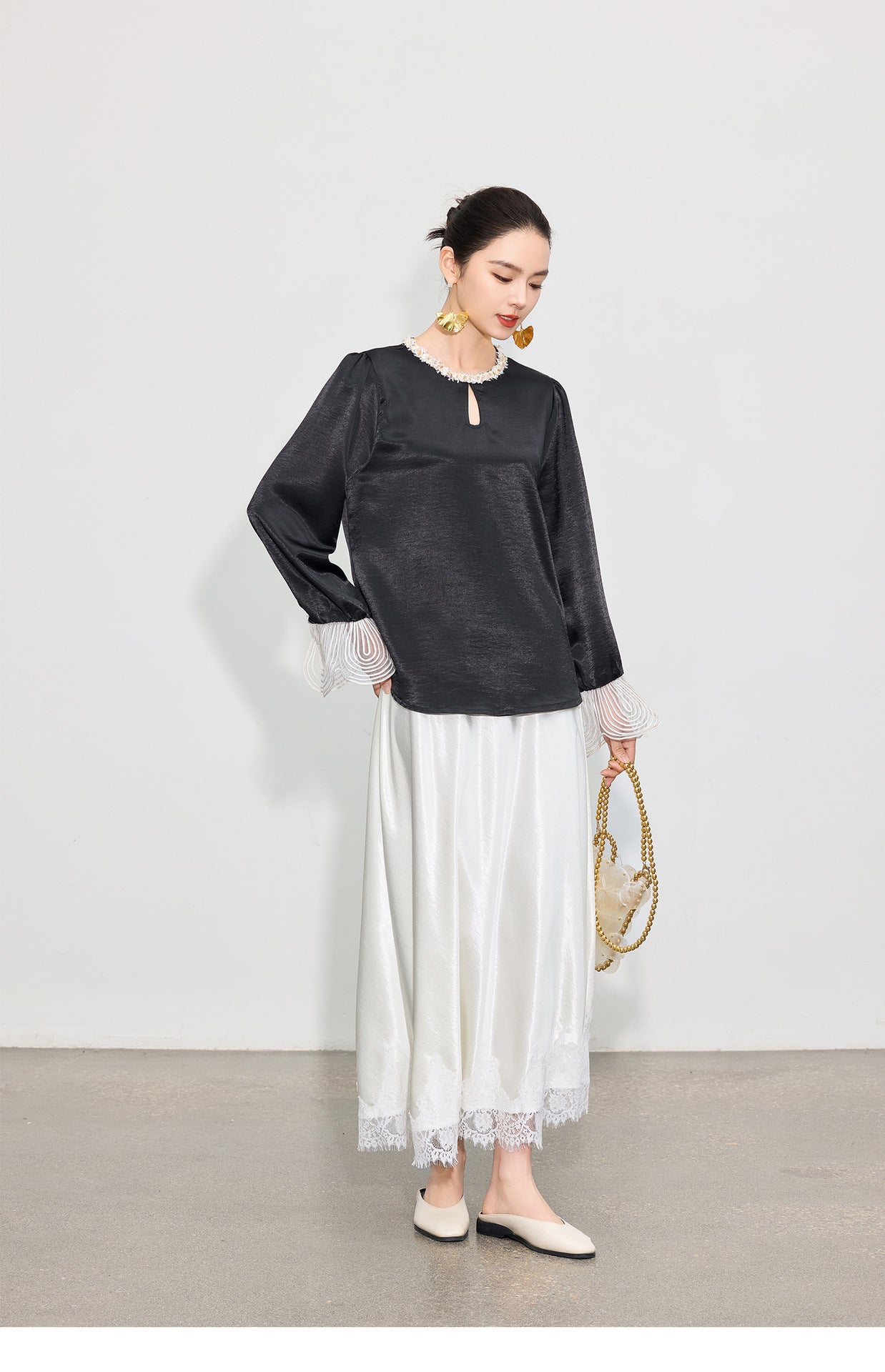 Elegant High-Waist Satin Lace Patchwork Skirt