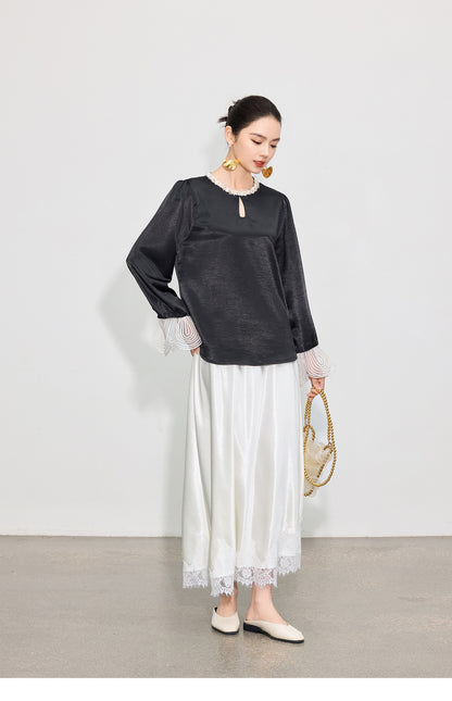 Elegant High-Waist Satin Lace Patchwork Skirt