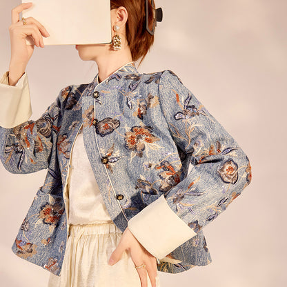 New Chinese Style Denim Jacket | Sequin Embroidery Elegant National Top