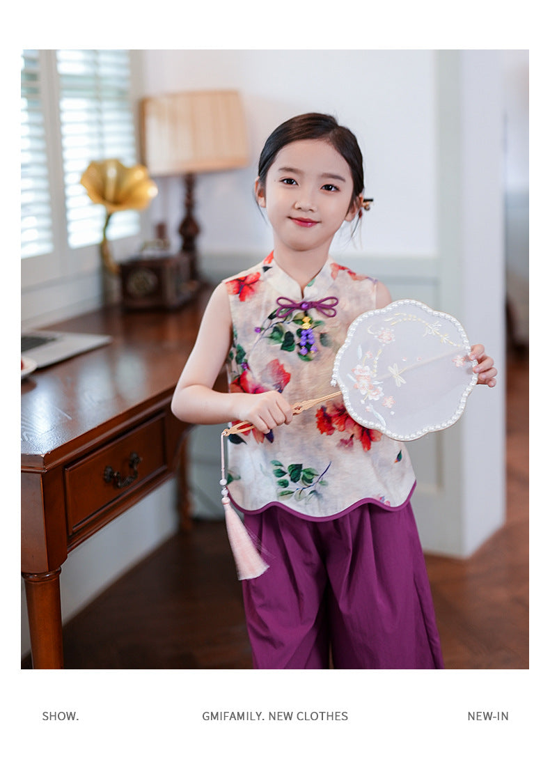 Retro Republic Style Girls Two-Piece — Improved Shirt & Pants Set