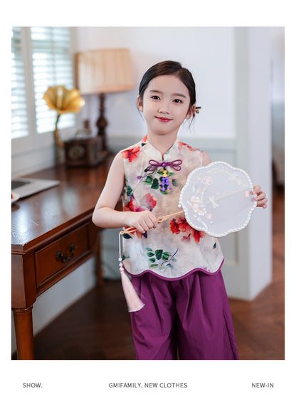 Retro Republic Style Girls Two-Piece — Improved Shirt & Pants Set