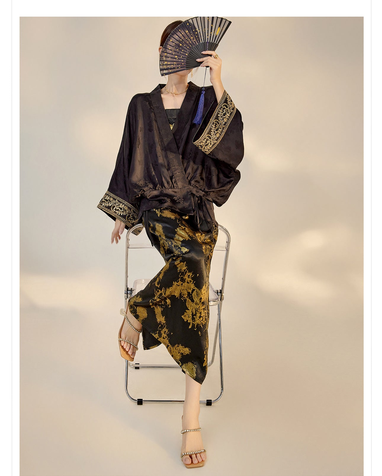 Summer New Chinese Printed Rayon Shirt & Strap Dress Set