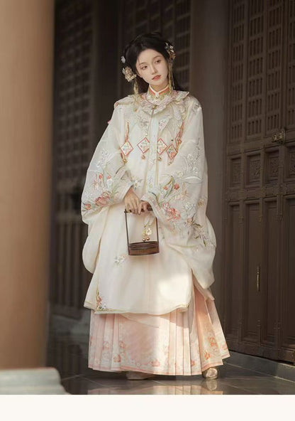 Women Ming Dynasty Hanfu Set Heavy Embroidery Cloud Shoulder Stand Collar Horse Face Skirt