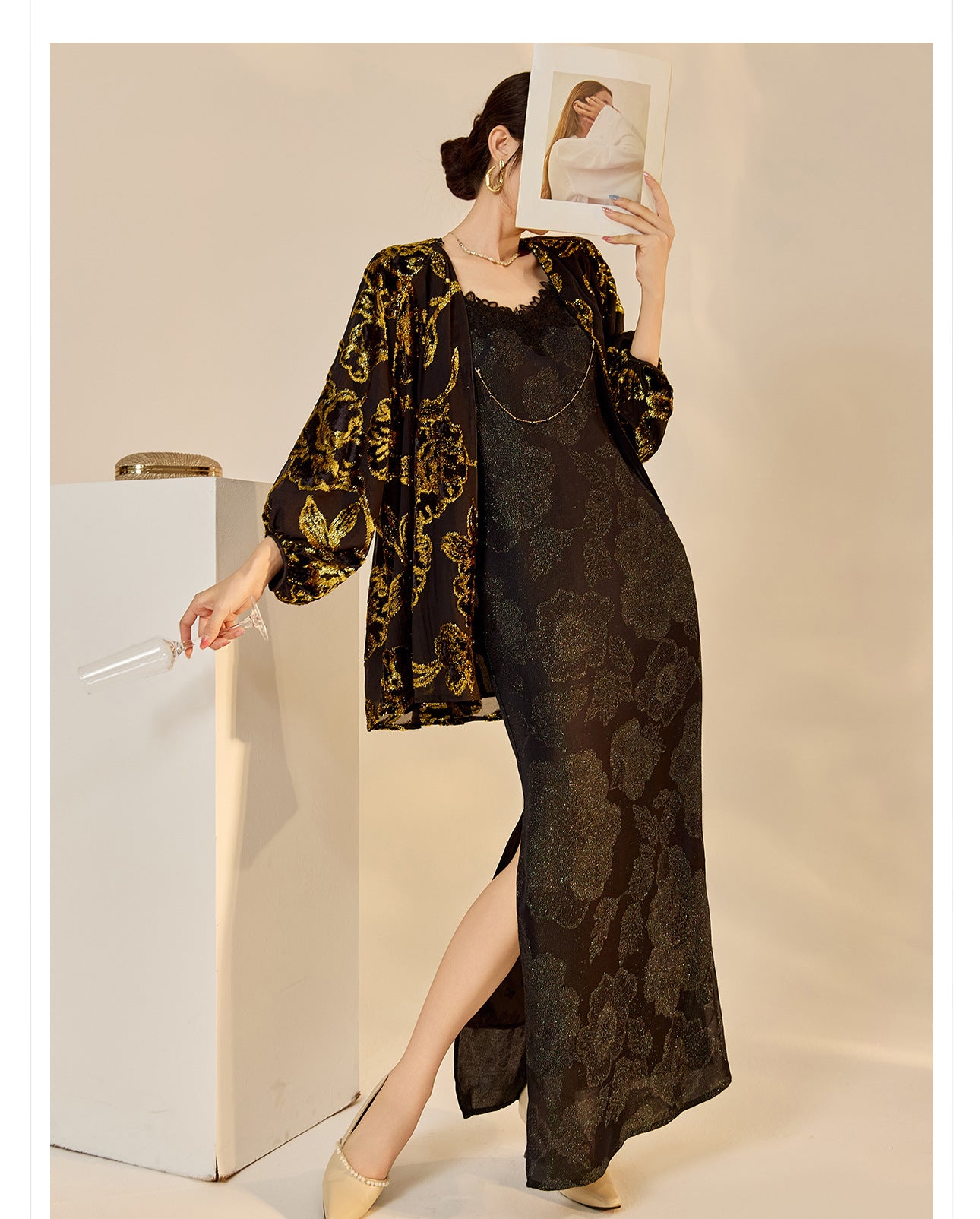 Velvet Burnout Jacket & Printed Cardigan Dress Set for Autumn