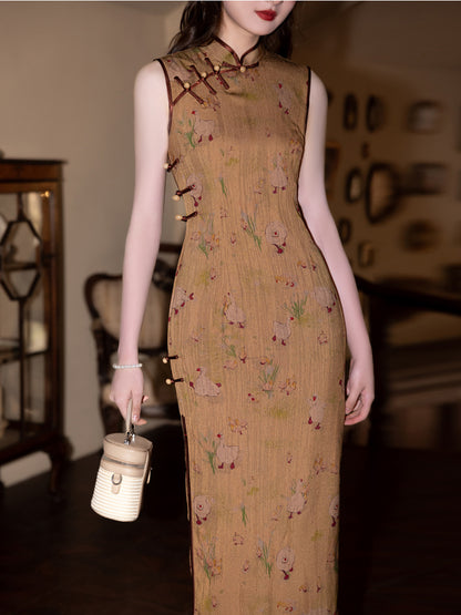 Spring Wild Duck Yellow Cheongsam – Youth Slim Sleeveless Dress