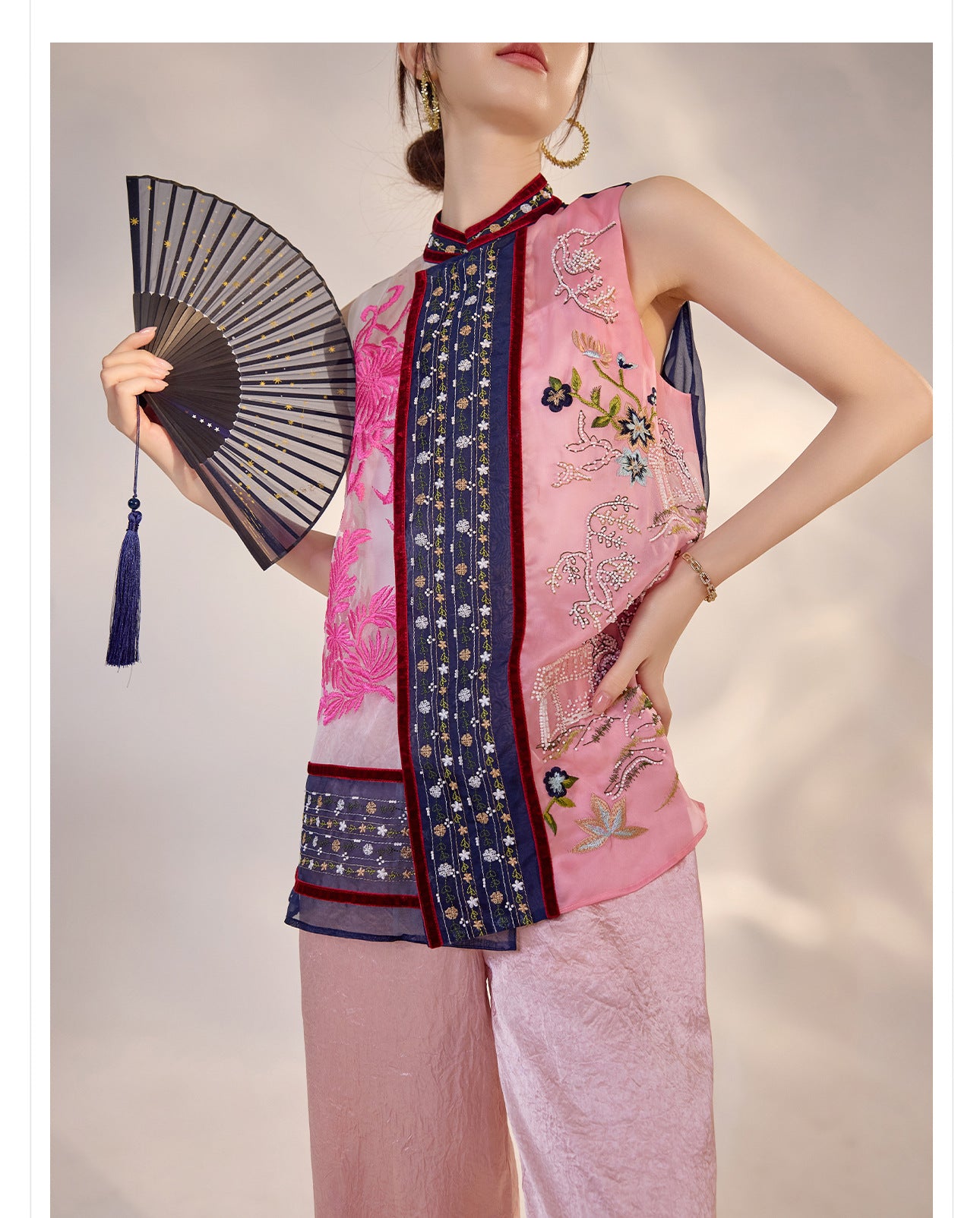 2026 New Chinese Embroidered Colorblock Mulberry Silk Vest Top