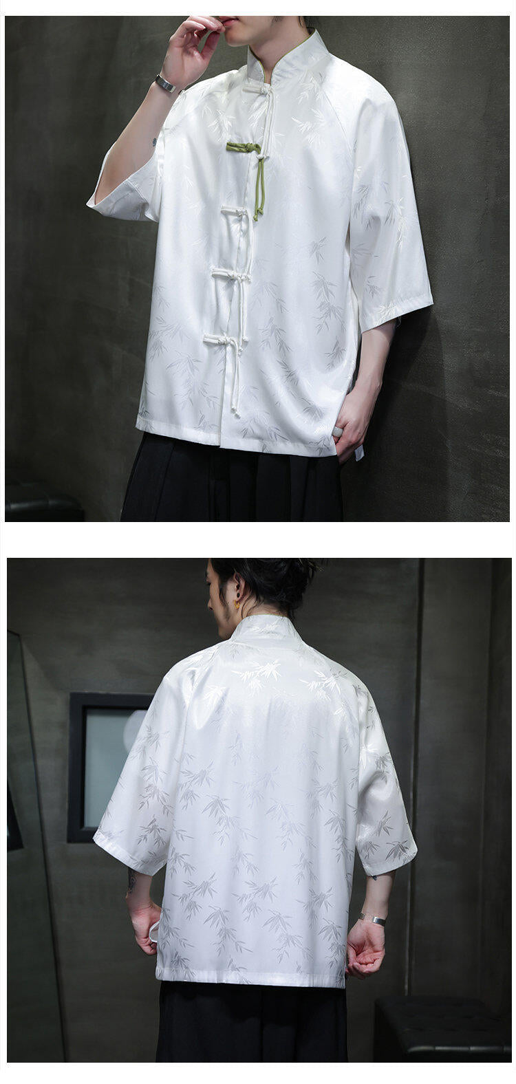 Summer Chinese Style Ice Silk Jacquard Tang Shirt Mens Stand Collar Top
