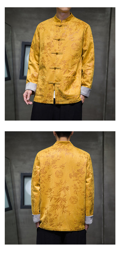 Chinese Style Mens Retro Tang Suit Button Printed Velvet Coat