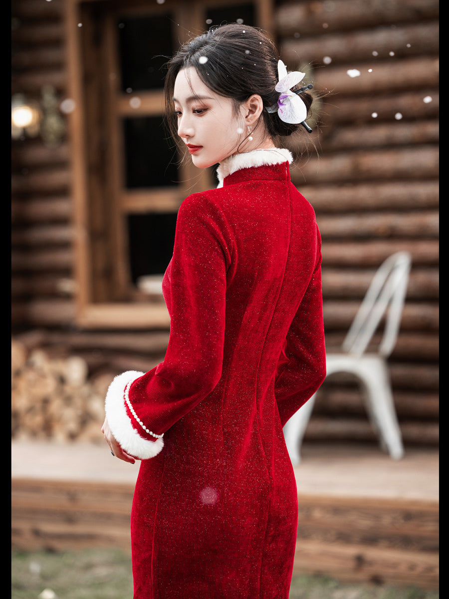 2025 New Improved Qipao – Warm Red High-End Autumn Winter Style
