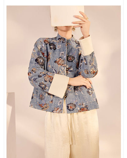 New Chinese Style Denim Jacket | Sequin Embroidery Elegant National Top