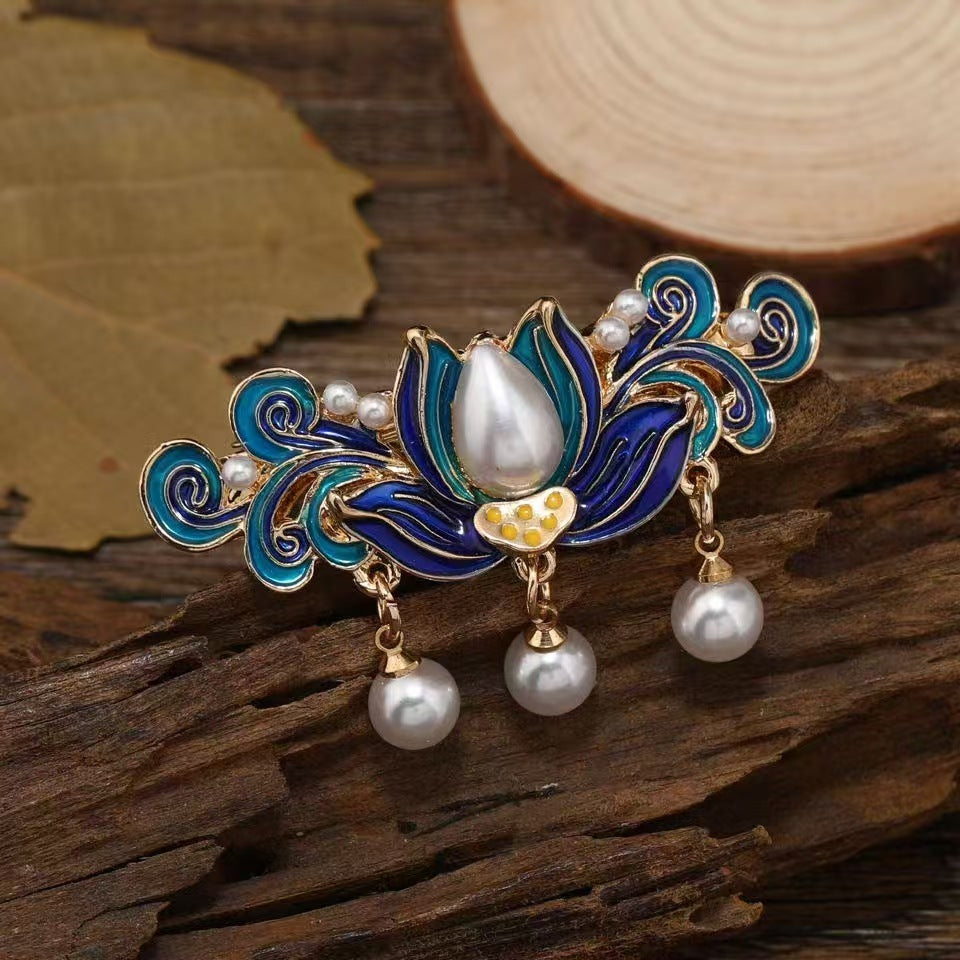 Blue Enamel Hair Clip Chinese Style Pearl Tassel Butterfly Hairpin