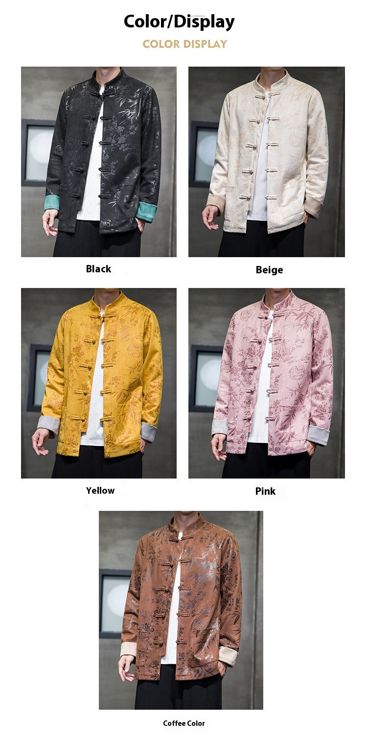 Chinese Style Mens Retro Tang Suit Button Printed Velvet Coat