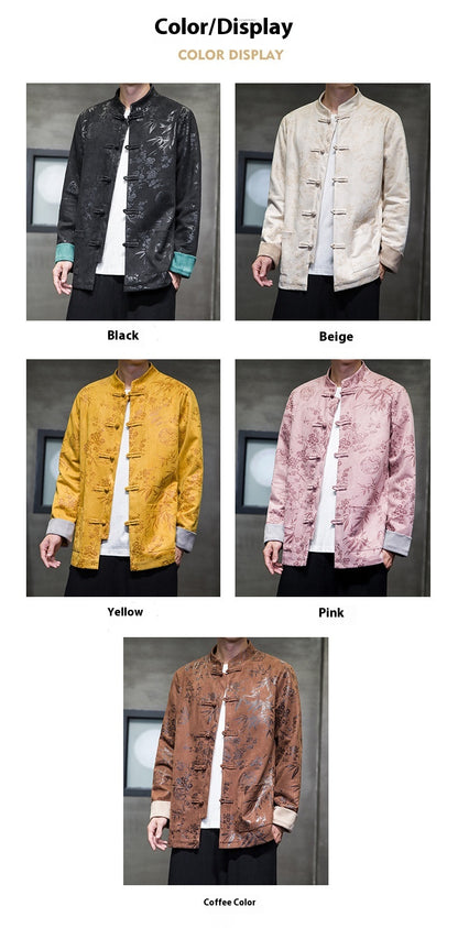 Chinese Style Mens Retro Tang Suit Button Printed Velvet Coat