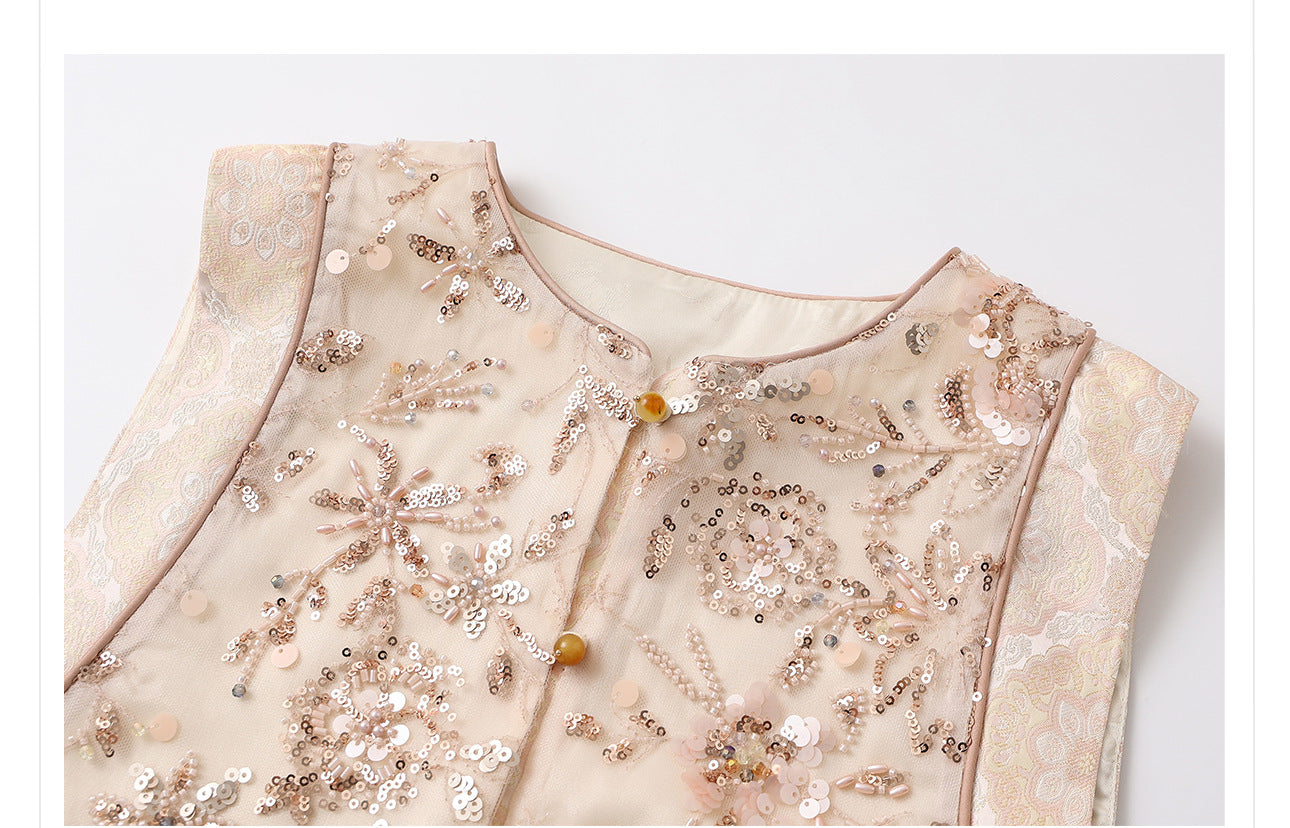 National Style2025Summer New Beaded Embroidery New Chinese Style Sequin Mermaid Skirt Vest Pants Set