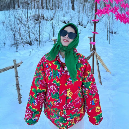 Festive Northeast Large Floral Cotton Jacket Loose Winter Coat