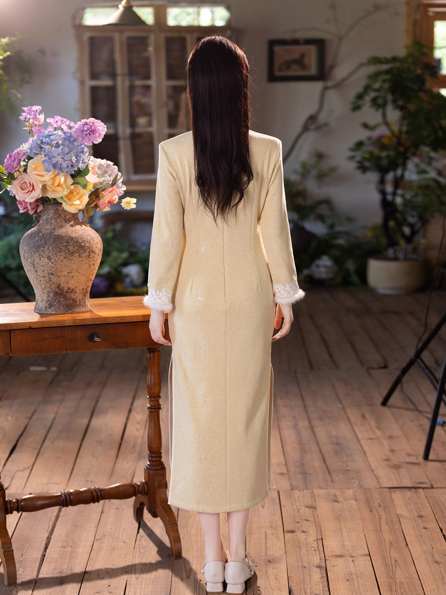 Yellow Fleece-Lined Qipao | Winter Thickened Long Sleeve New Chinese Style 2025