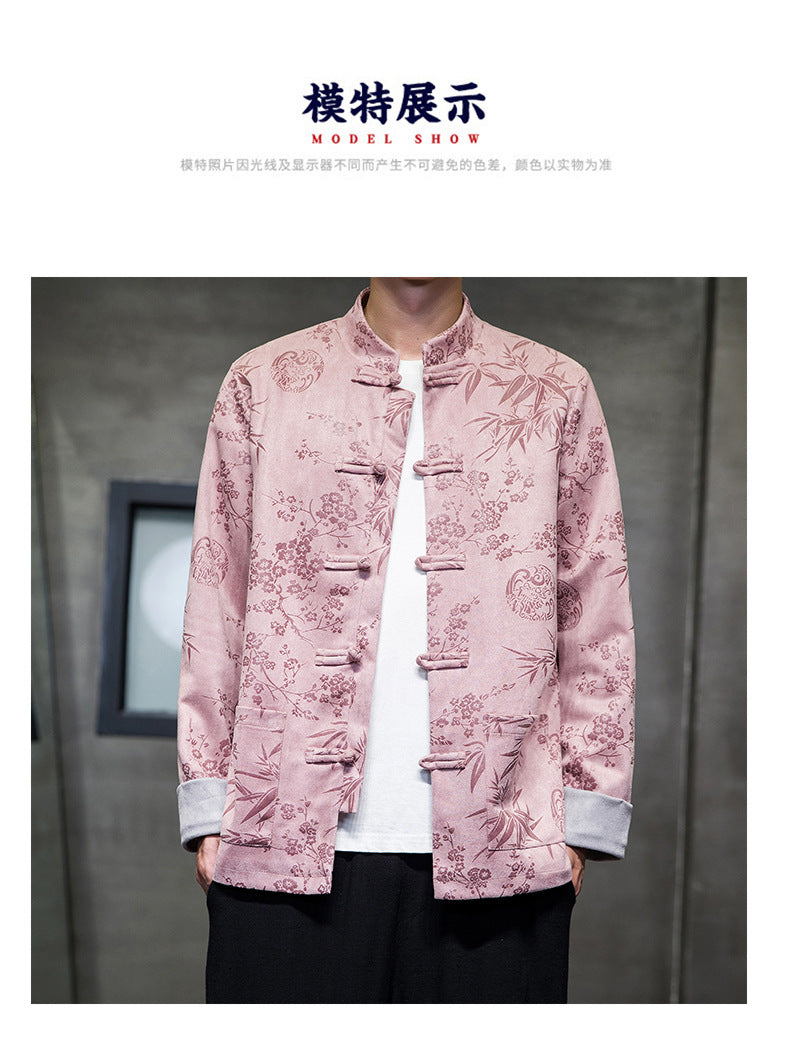 Chinese Style Mens Retro Tang Suit Button Printed Velvet Coat