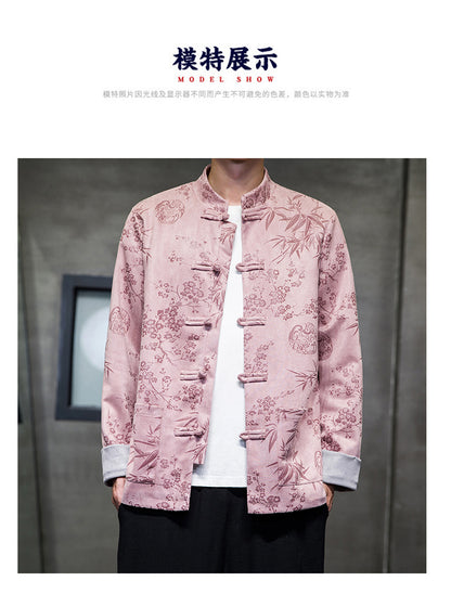 Chinese Style Mens Retro Tang Suit Button Printed Velvet Coat