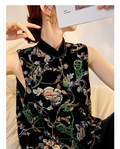 Elegant Velvet Floral Sequin Vest – High-End Women's Fashion