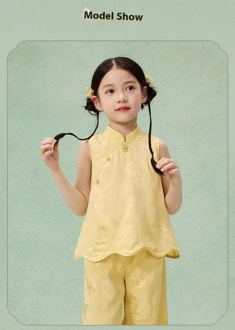 National Style Hanfu-Inspired Summer Set — Top & Pants for Children