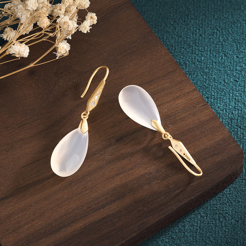 Classical Chinese Earrings | Elegant Agate Chalcedony Silver Jewelry for Women