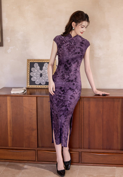 Autumn Elegant Cheongsam – Purple Retro Crescent Sleeve Dress