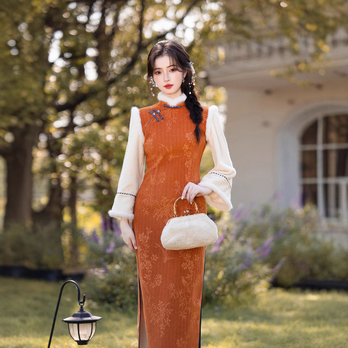 2025 Winter Chenille Fleece Long Cheongsam Patchwork New Chinese Style