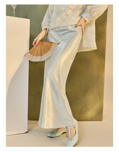 Autumn Button-Up Stand Collar National Style Top & Skirt Set