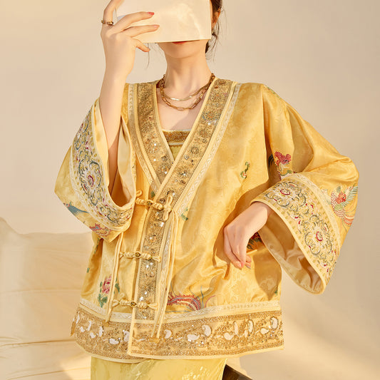 Luxury V-Neck Embroidered Jacket – Modern Chinese Style Outerwear