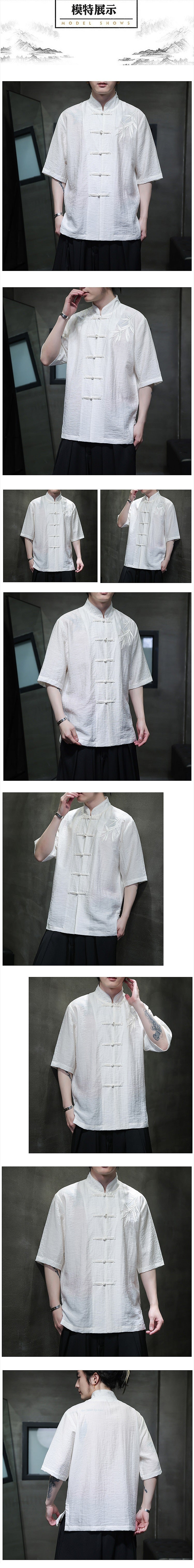 Mens Summer Chinese Embroidered Tang Shirt Hanfu Jushi Suit