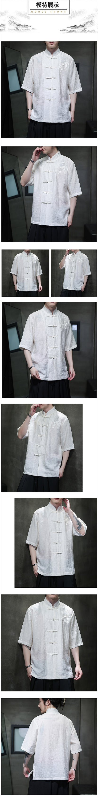 Mens Summer Chinese Embroidered Tang Shirt Hanfu Jushi Suit