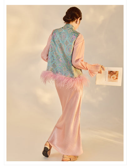 Ostrich Feather Detachable Vest – Elegant New Chinese Style Top