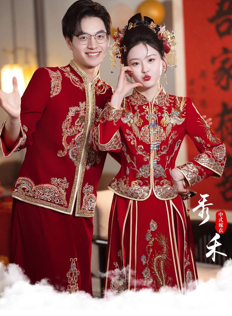 Chinese Wedding Xiuhe Dress Bride Velvet Toast Suit Set
